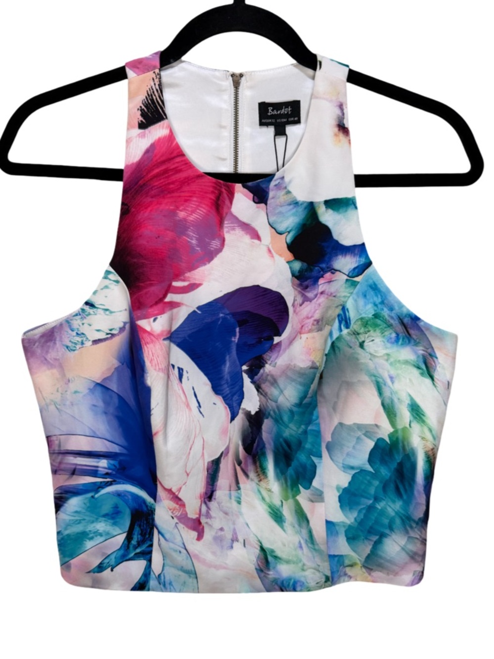 Bardot Multicolor Watercolor Floral Crop Top Sleeveless Back Zip NWT Size M